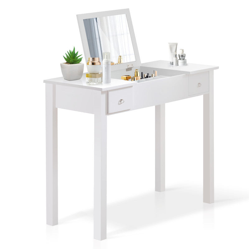 White Vanity Table Set with Flip Top Mirror and 2 Drawers Jewelry Storage for Women Dressing