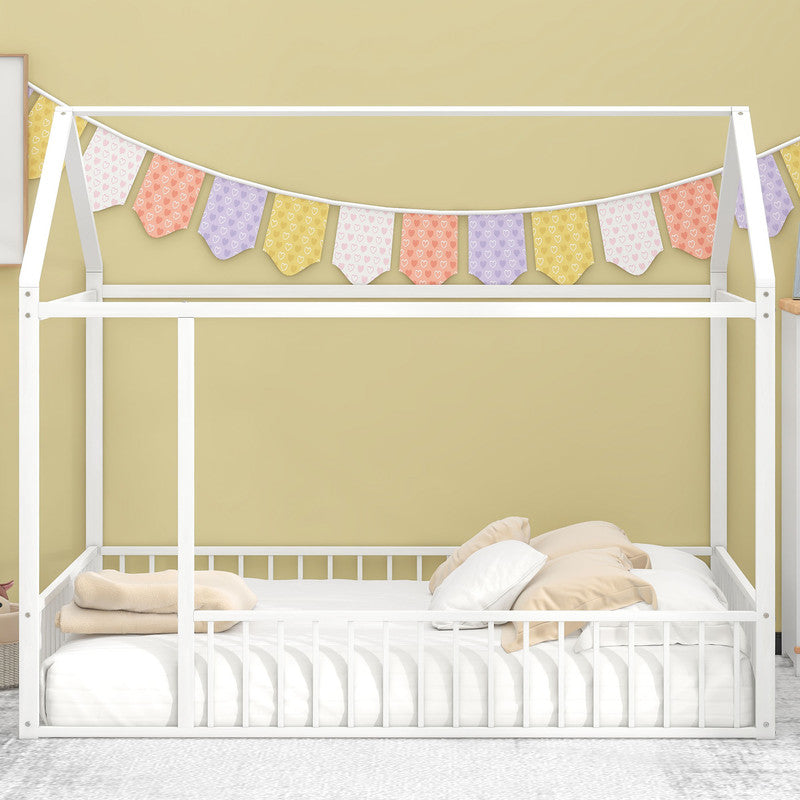 Full Size Metal Bed House Bed Frame with Fence for Kids White