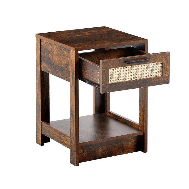 Rattan End Table With Drawer Modern Nightstand Side Table Rustic Brown