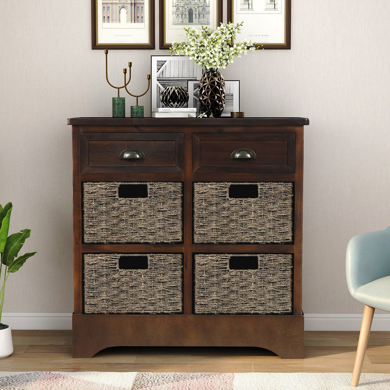 Rustic Storage Cabinet with Two Drawers and Four Classic Rattan Basket