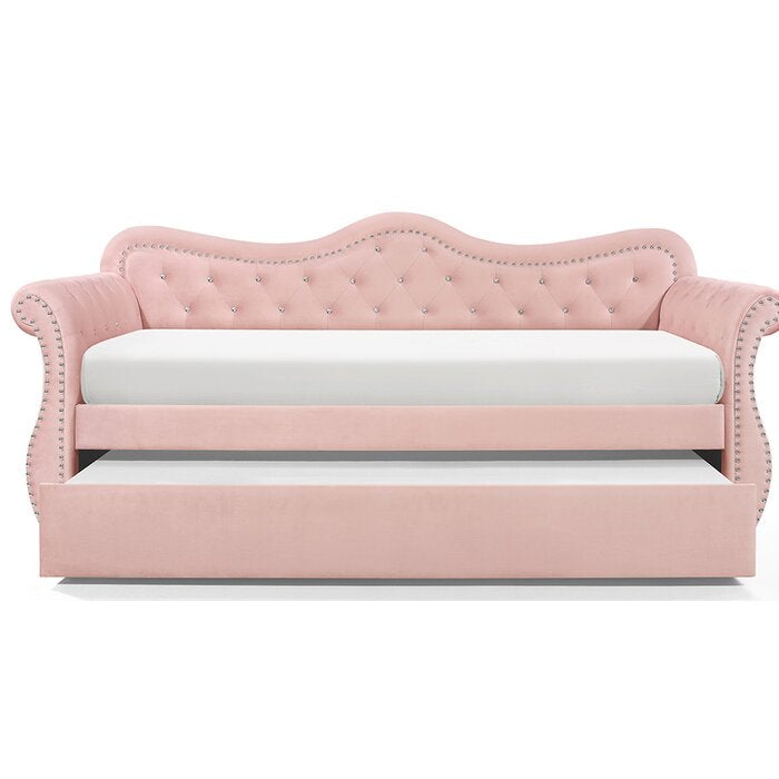 Modern Sofa Bed Upholstered Velvet Wood Daybed with Trundle in Pink