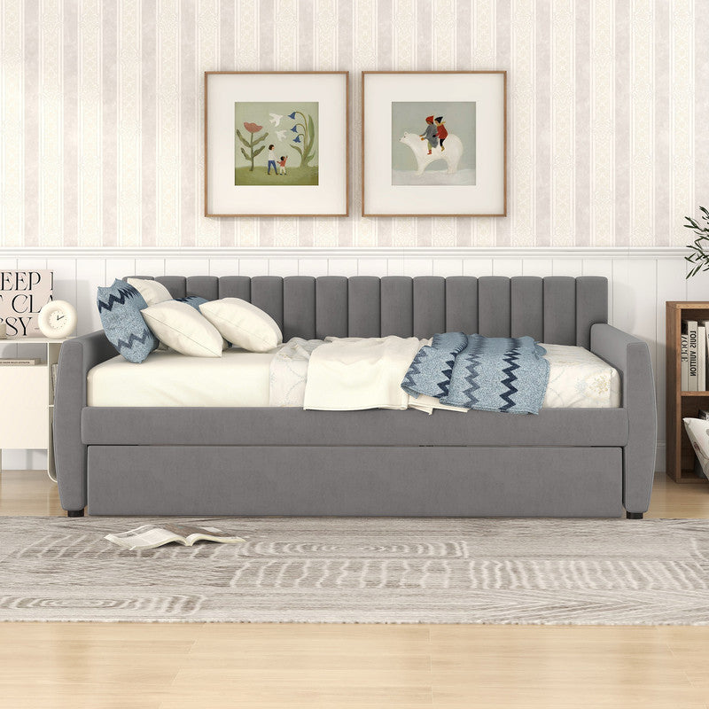 Full Size Upholstered daybed with Trundle and Wood Slat Support Gray