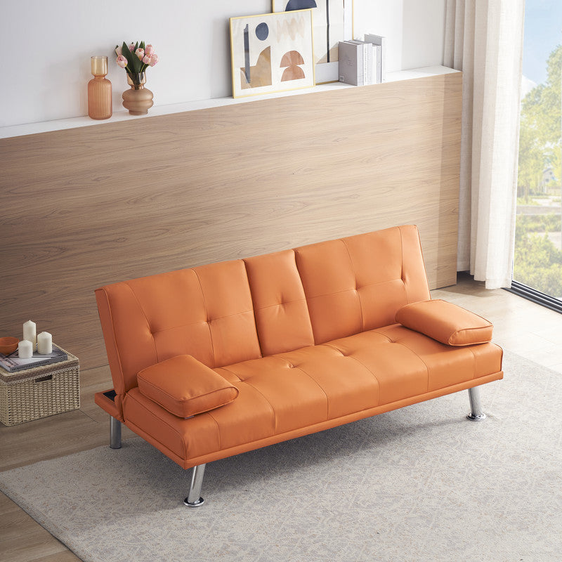 Orange Leather Multifunctional Double Folding Sofa Bed for Office 67 inch