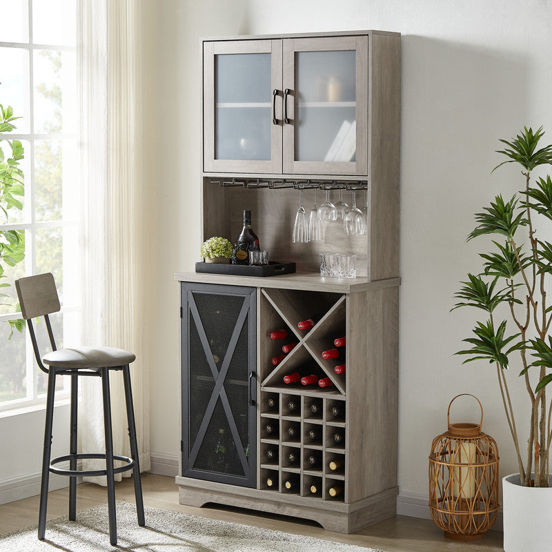 Farmhouse Wine Cabinet With Wine Rack And Glass Holde