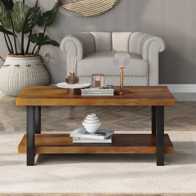 Rustic Natural Coffee Table with Storage Shelf for Living Room