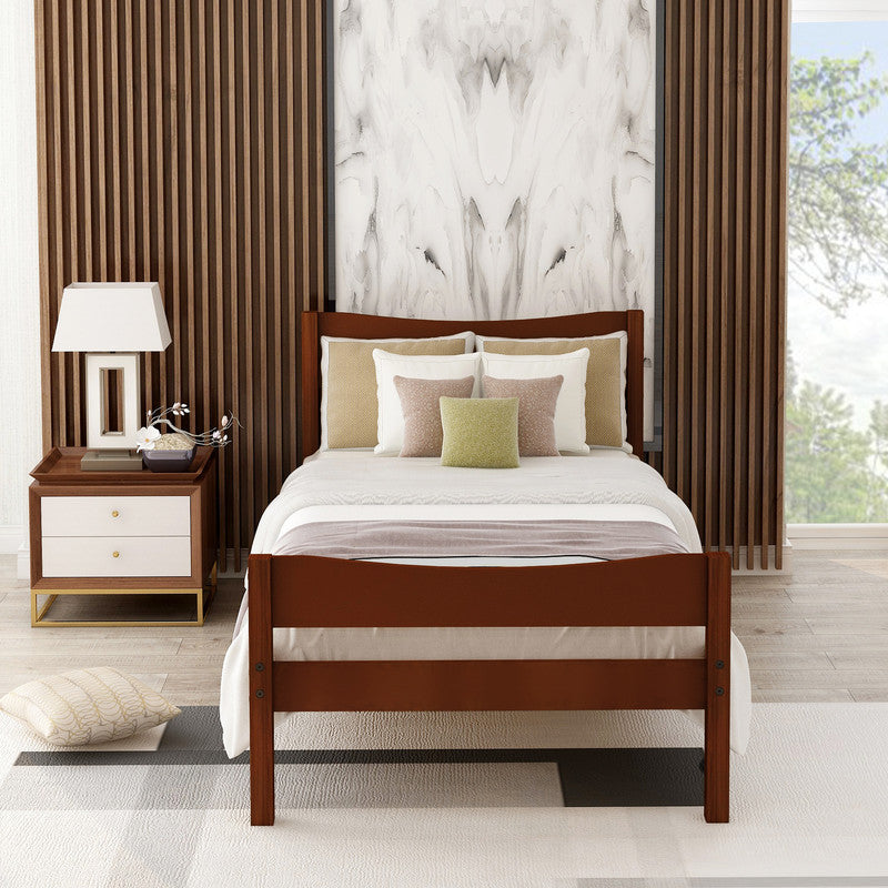 Twin Size Wood Platform Bed with Headboard and Wooden Slat Support Walnut