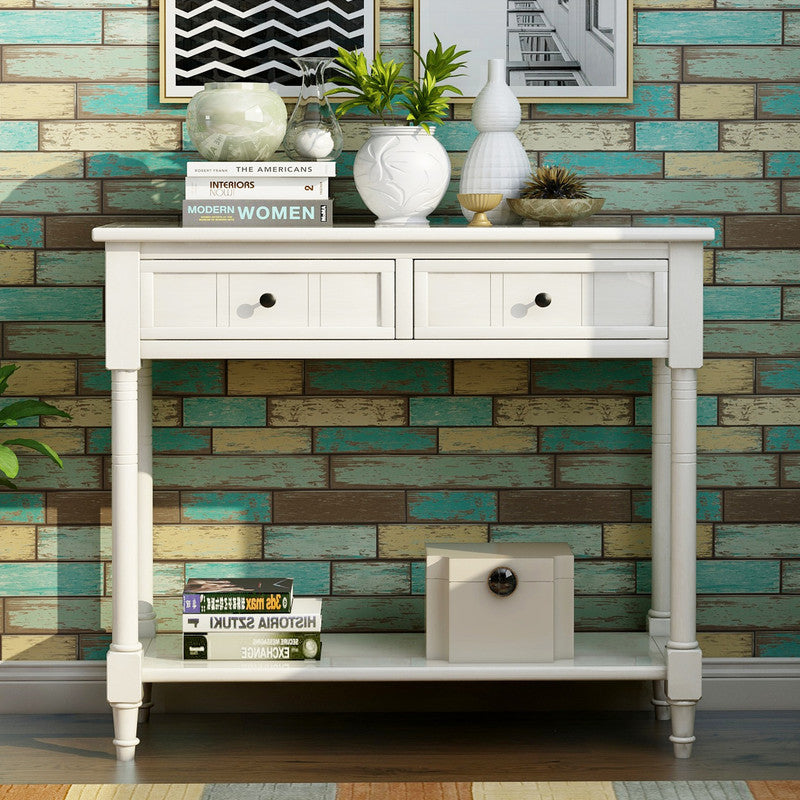 Console Table Traditional Design with Two Drawers and Bottom Shelf Ivory White