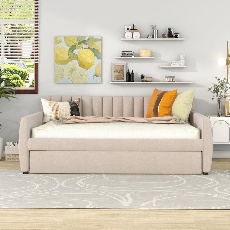 Full Size Upholstered daybed with Trundle and Wood Slat Support Beige