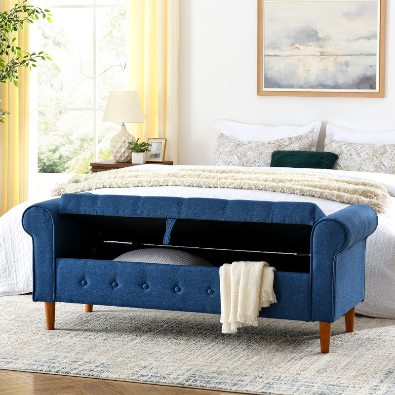 Bedroom Tufted Button Storage Bench Linen Upholstered Ottoman for Living Room Foyer