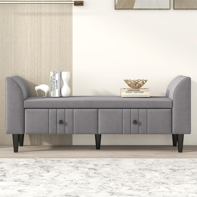 Wooden Storage Ottoman Bench with 2 Drawers For Bedroom Gray