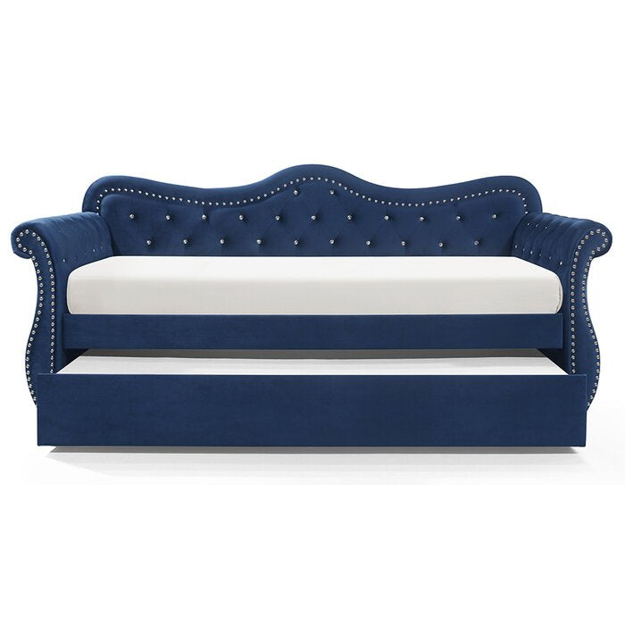 Modern Sofa Bed Upholstered Velvet Wood Daybed with Trundle in Blue