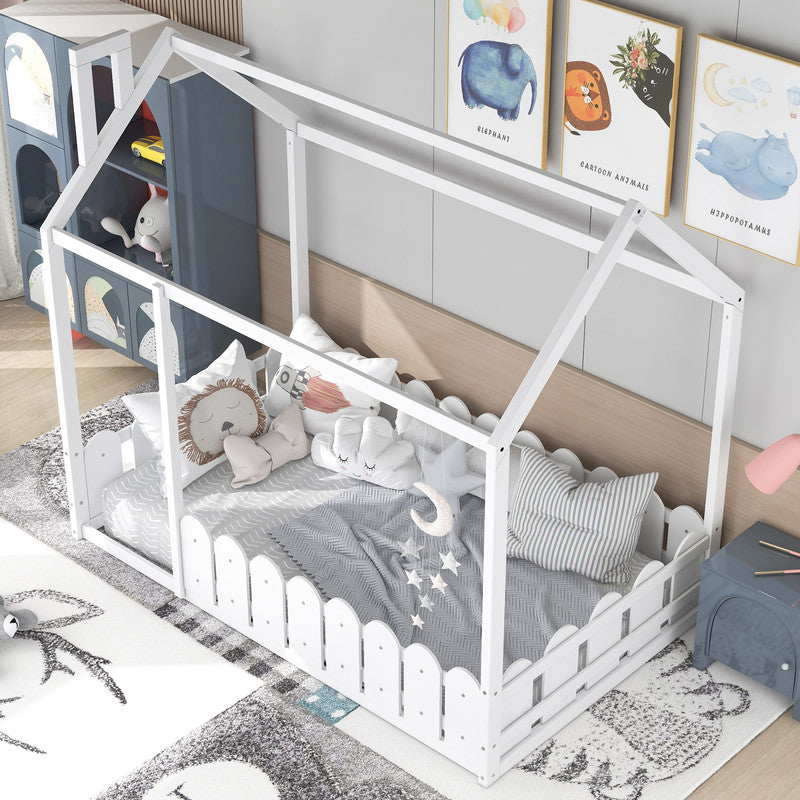 Twin Size Wood Bed House Bed Frame with Fence for Kids White