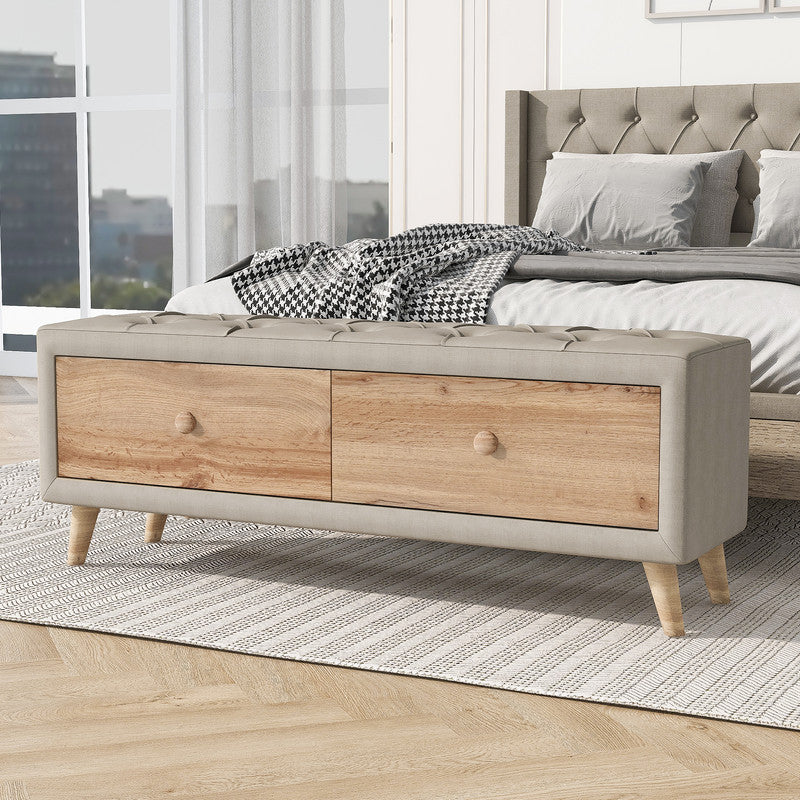 Wooden Upholstered Storage Ottoman Bench with 2 Drawers For Bedroom Beige