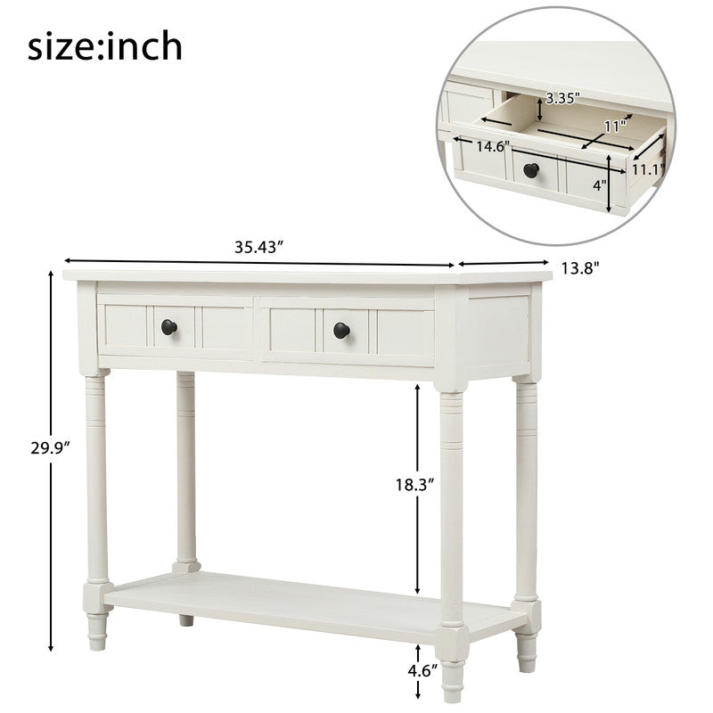 Console Table Traditional Design with Two Drawers and Bottom Shelf Ivory White