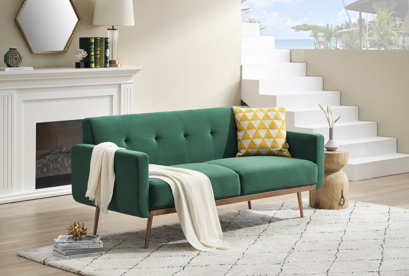 Modern Green Velvet Sand Living Room Sofa With Midfoot And Two Throw Pillows