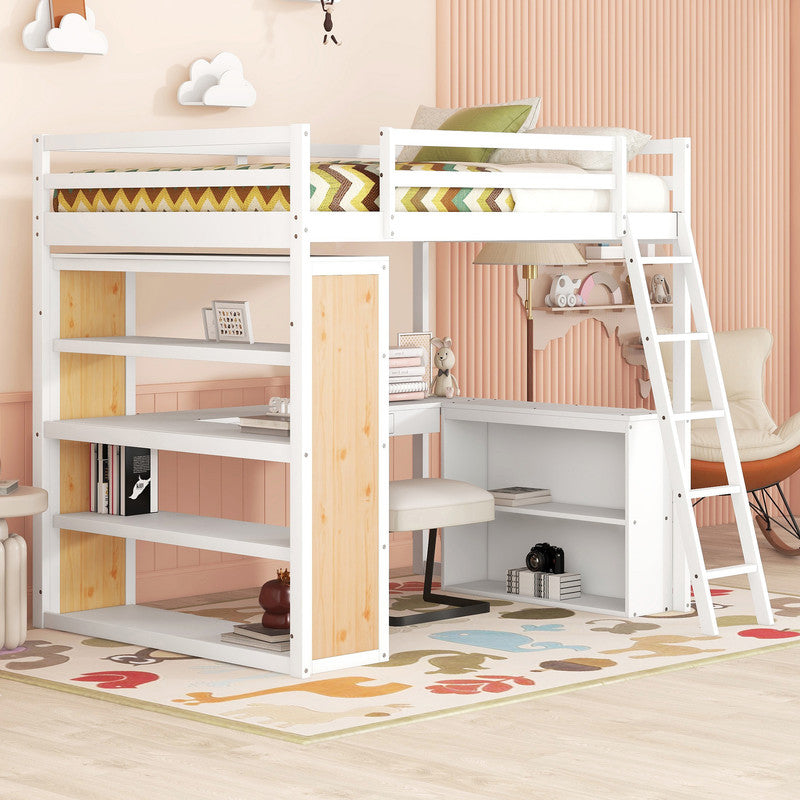 Full Size Loft Bed with Ladder Shelves and Desk White