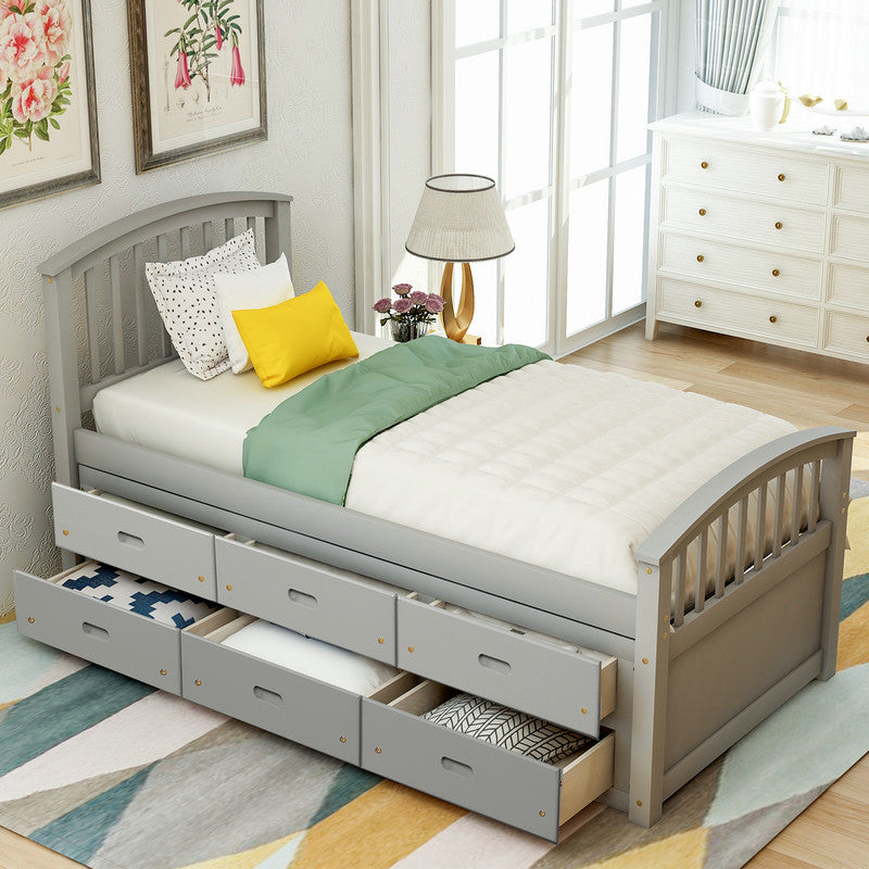 Twin Size Platform Storage Bed Solid Wood Bed with 6 Drawers