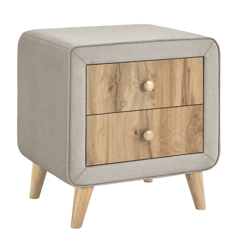 Wooden Upholstered Nightstand with 2 Drawers Fully Assembled Except Legs and Handles Beige