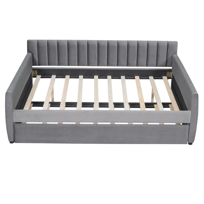 Full Size Upholstered daybed with Trundle and Wood Slat Support Gray