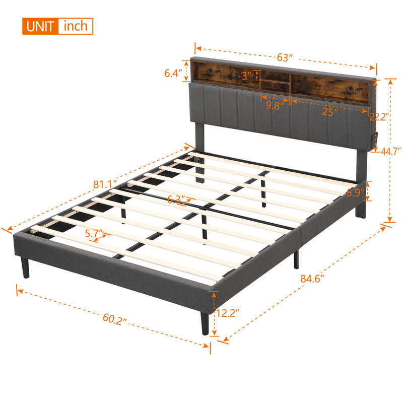 Queen Size Upholstered Platform Bed with Storage Headboard and USB Port Gray