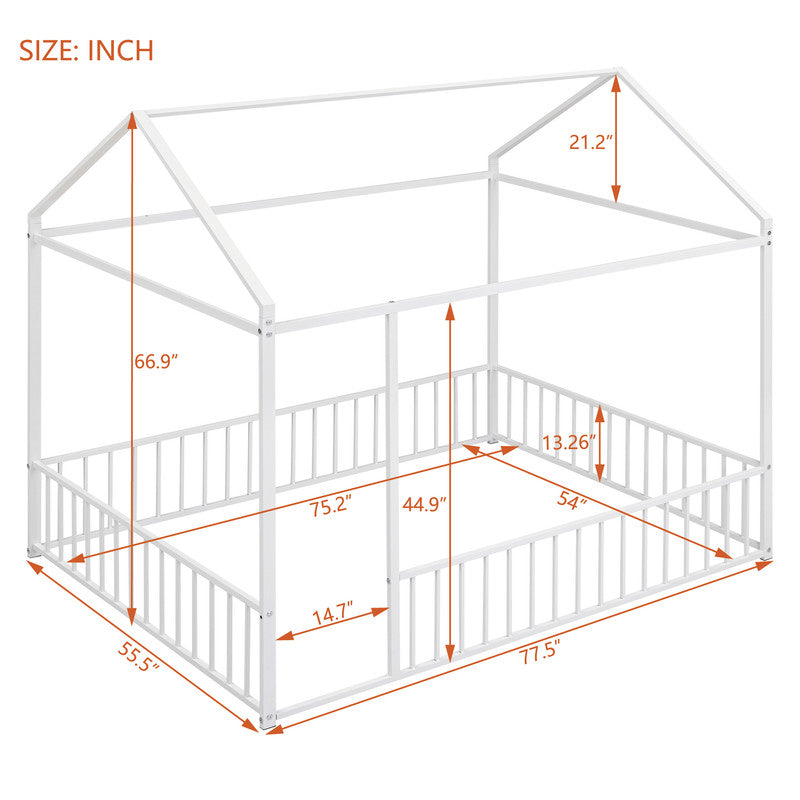 Full Size Metal Bed House Bed Frame with Fence for Kids White