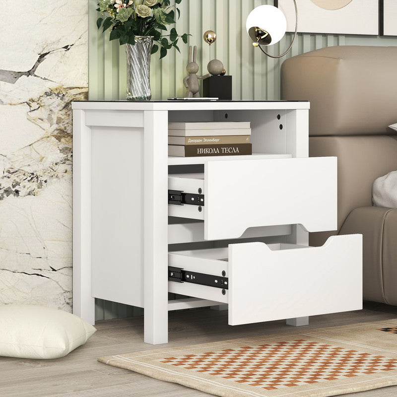 Multifunctional Storage Nightstand with 2 Drawers and an Open Shelf Wireless Charging with Adjustable LED White