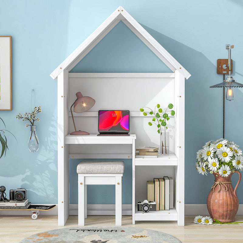 House Shaped Desk With A Cushion Stool White