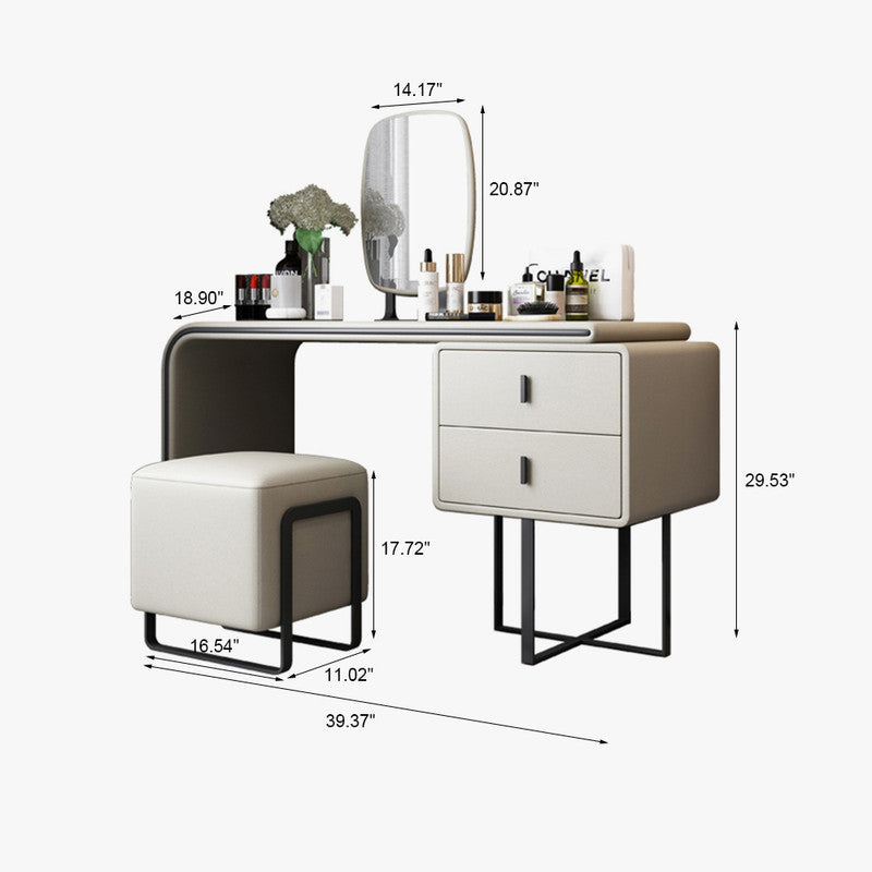 Modern Extendable Makeup Vanity Table with PU Leather 2 Solid Wood Drawers HD Mirror