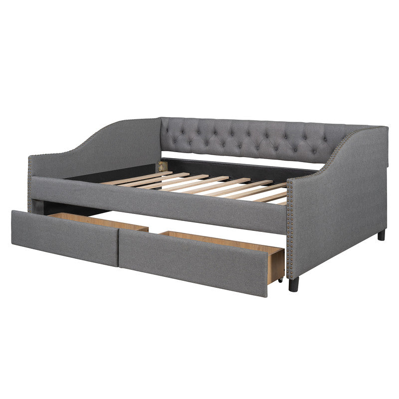 Full Size Upholstered daybed with Two Drawers Wood Slat Support Gray