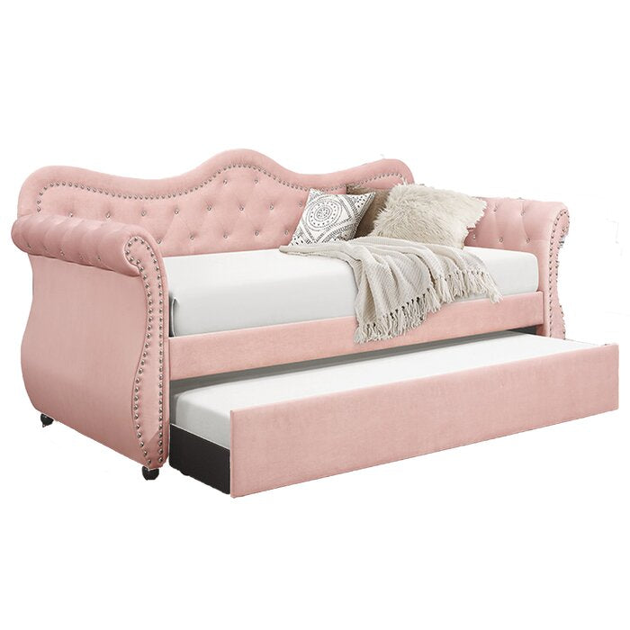 Modern Sofa Bed Upholstered Velvet Wood Daybed with Trundle in Pink