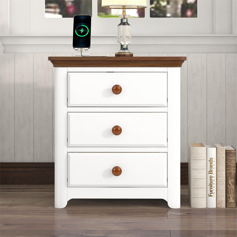 Wooden Nightstand with USB Charging Ports and Three Drawers White Walnut