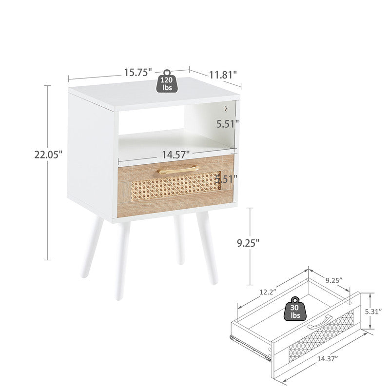 Rattan End Table With Drawer And Solid Wood Legs Modern Nightstand White