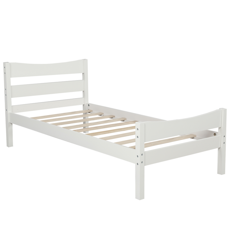 Twin Size Wood Platform Bed with Headboard and Wooden Slat Support White