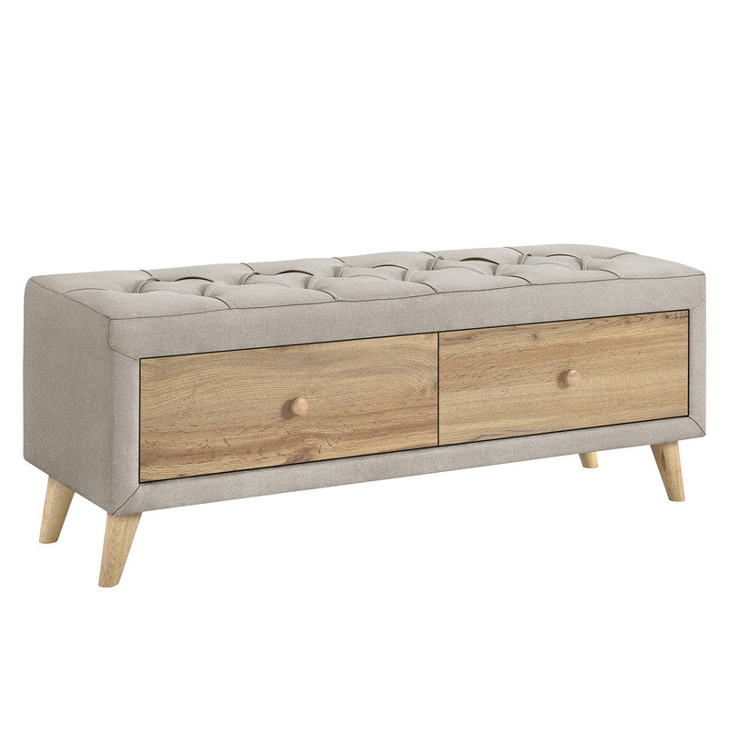 Wooden Upholstered Storage Ottoman Bench with 2 Drawers For Bedroom Beige