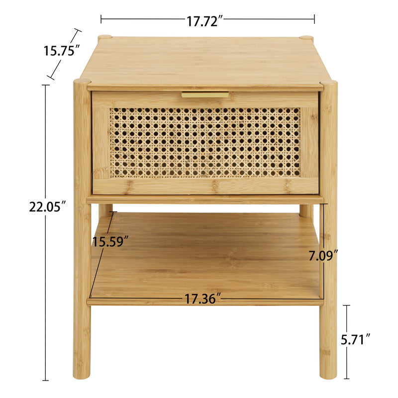 1 Drawer Nightstand Bamboo and Natural Rattan Bedside Table Accent End Table