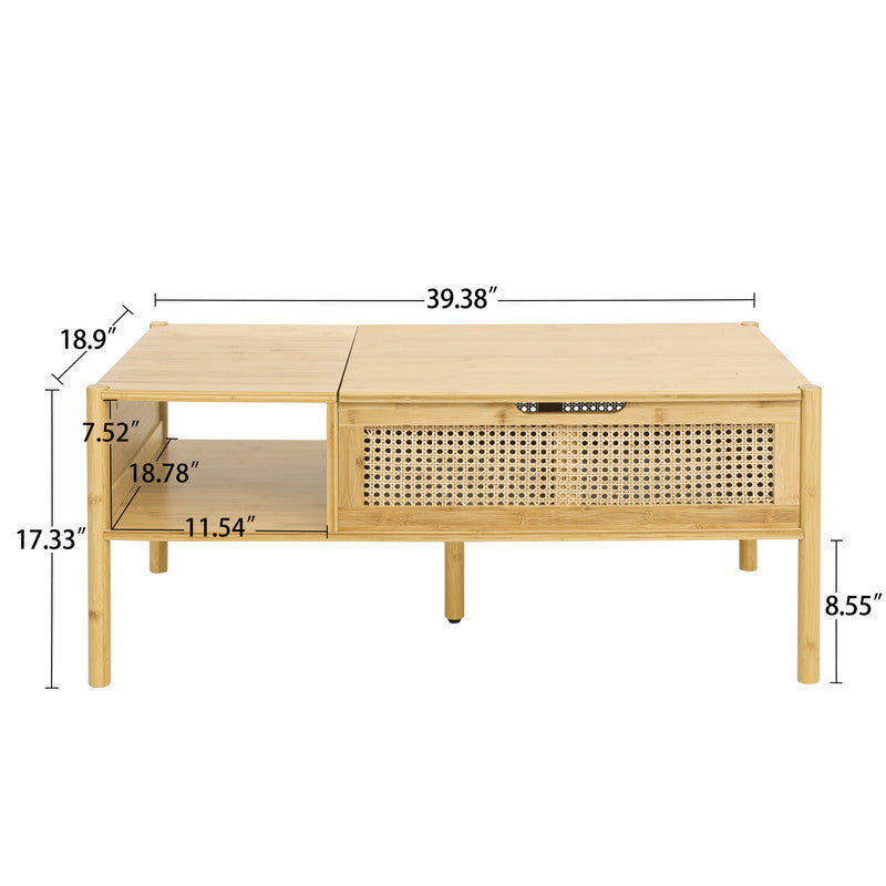 Coffee Table Top Lifting Natural Bamboo and Rattan for Living Room