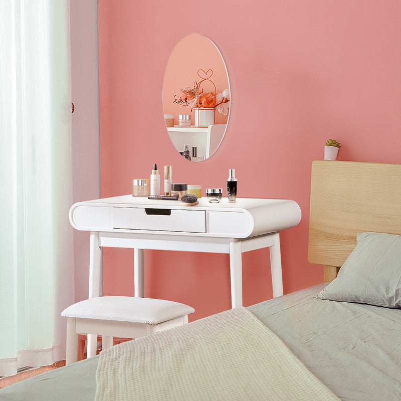 White Oval Makeup Table Set With Mirror And Solid Stool For Bedroom