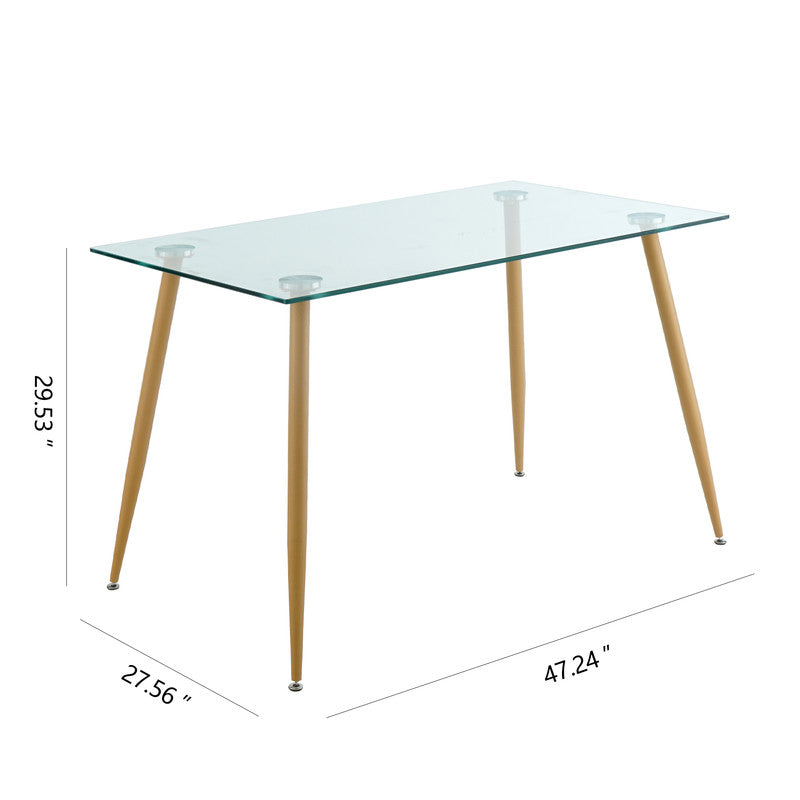 Mid Century Tempered Glass Kitchen Table with Wood-transfer Metal Legs