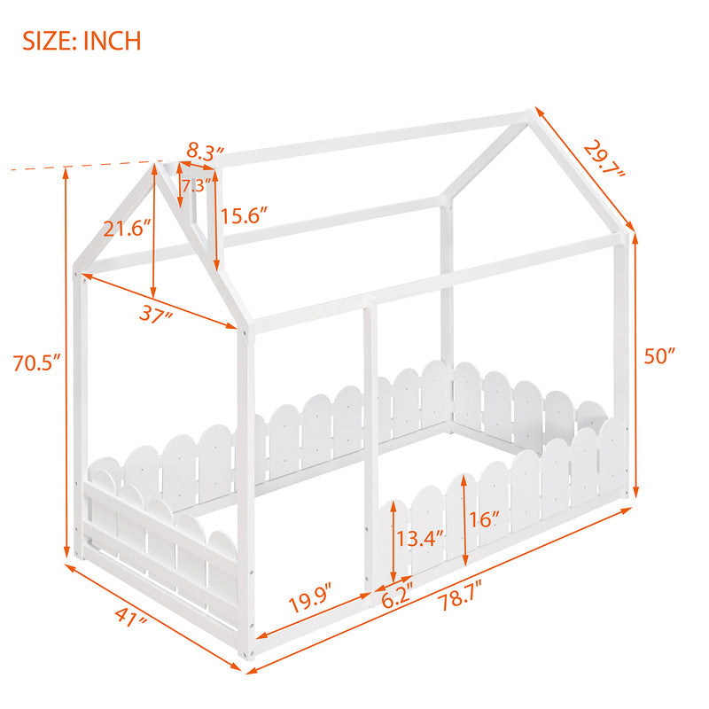 Twin Size Wood Bed House Bed Frame with Fence for Kids White