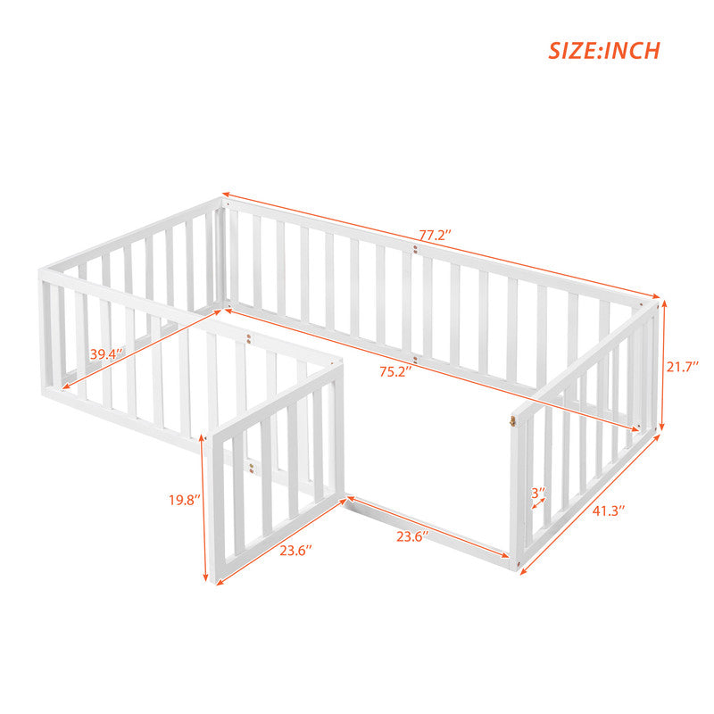 Twin Size Wood Floor Bed Frame with Fence and Door White