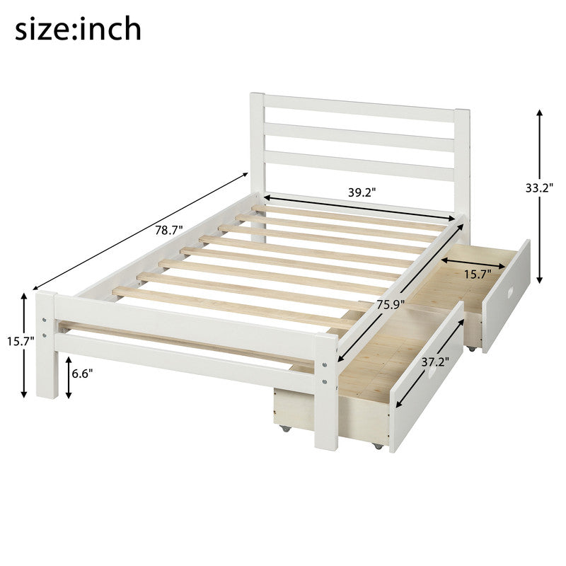 Twin Size Wood Platform Bed with Two Drawers White