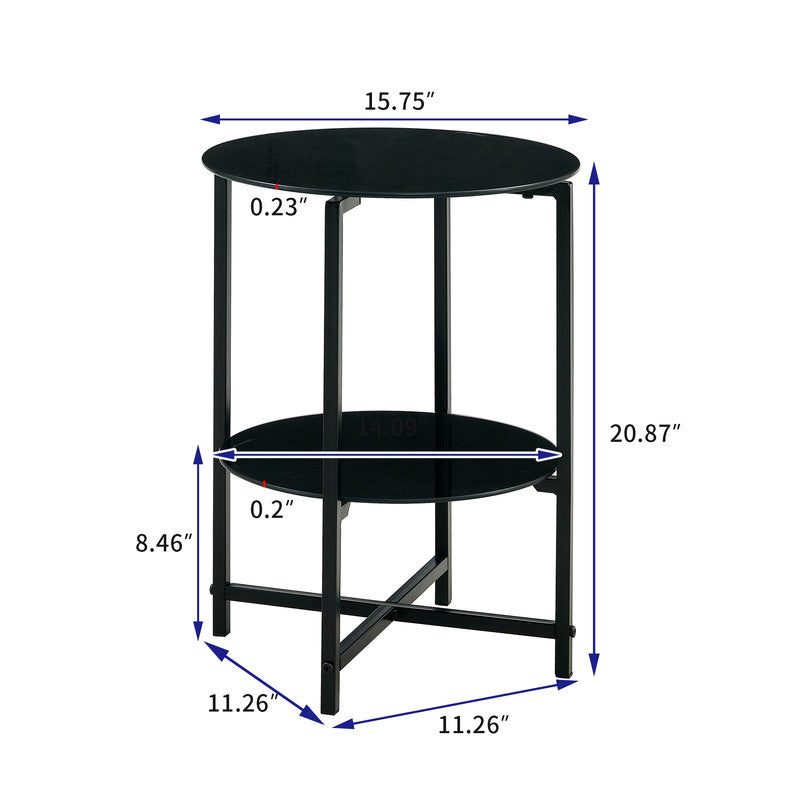 2- layer Tempered Glass End Table Round Coffee Table Black