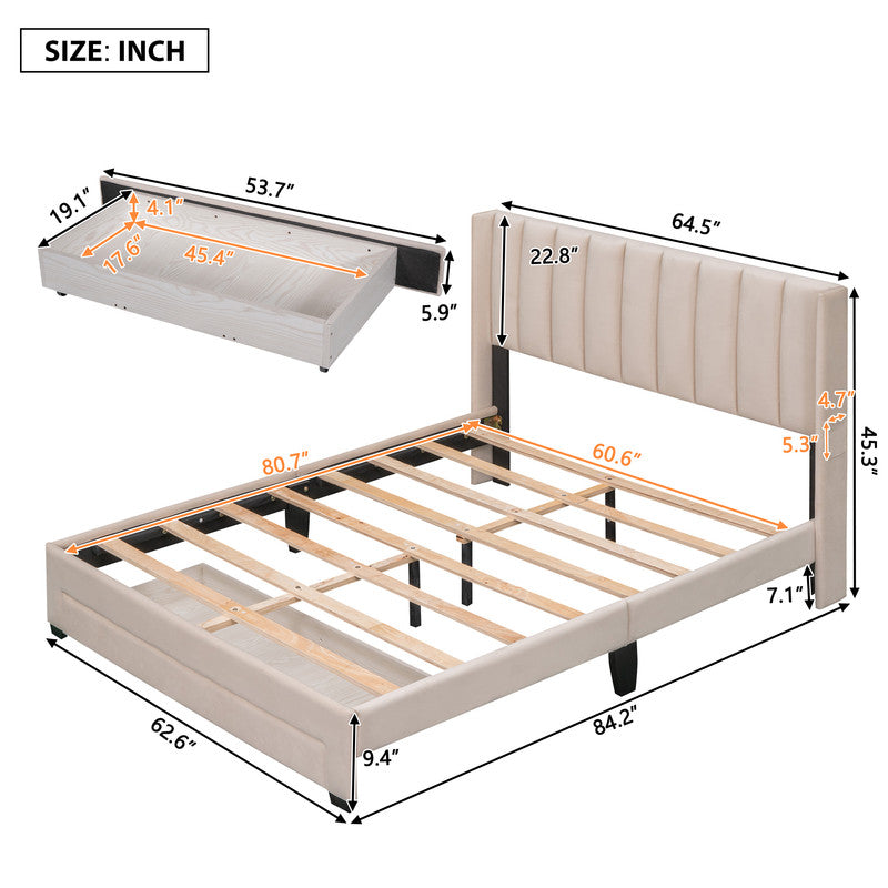 Queen Size Storage Bed Velvet Upholstered Platform Bed with a Big Drawer Beige