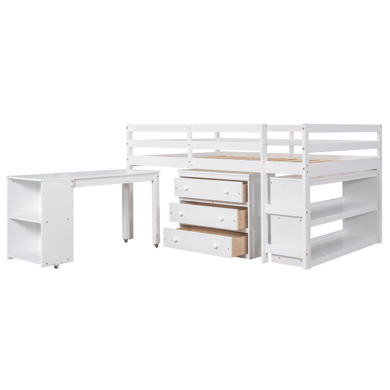 Low Study Full Loft Bed with Cabinet Shelves and Rolling Portable Desk White