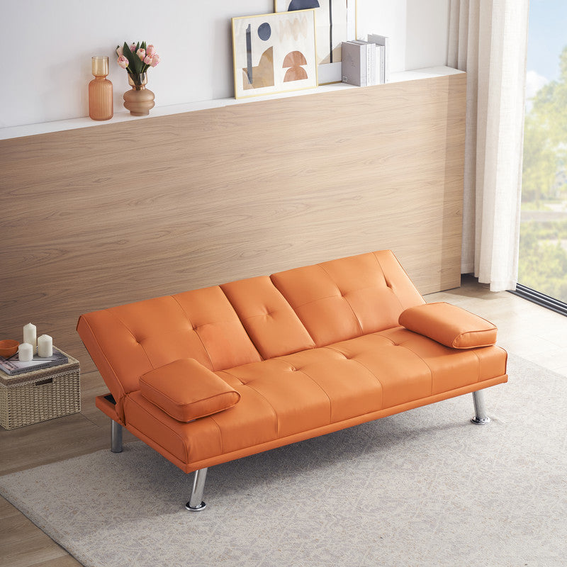 Orange Leather Multifunctional Double Folding Sofa Bed for Office 67 inch