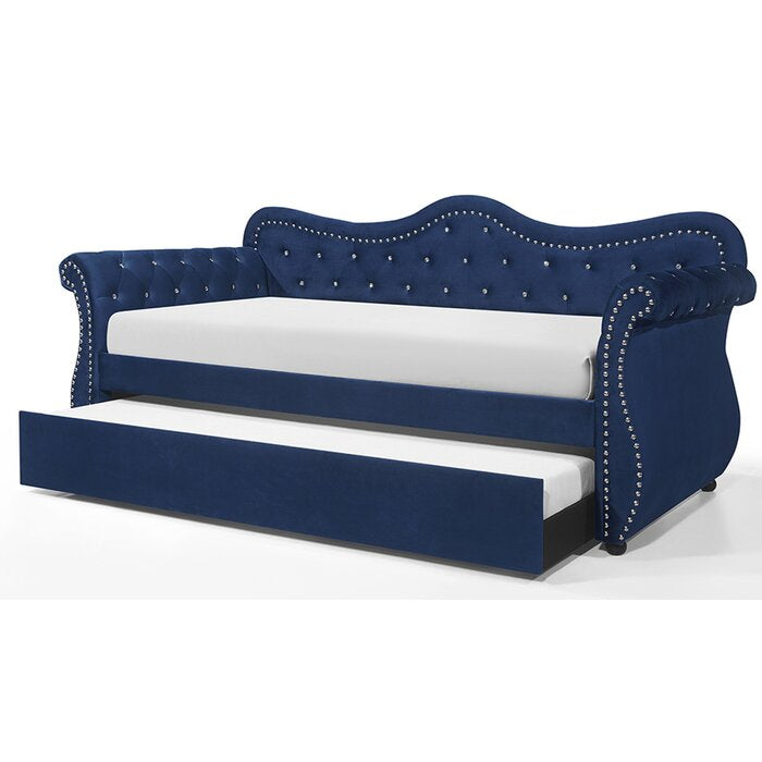 Modern Sofa Bed Upholstered Velvet Wood Daybed with Trundle in Blue