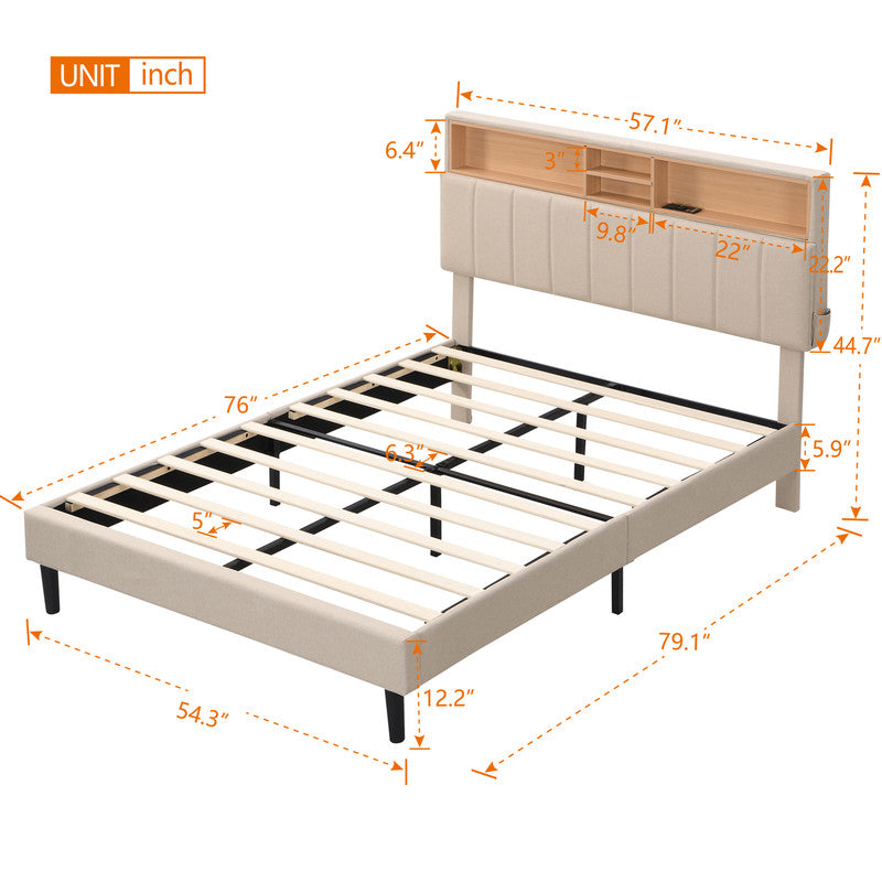 Full size Upholstered Platform Bed with Storage Headboard and USB Port Beige