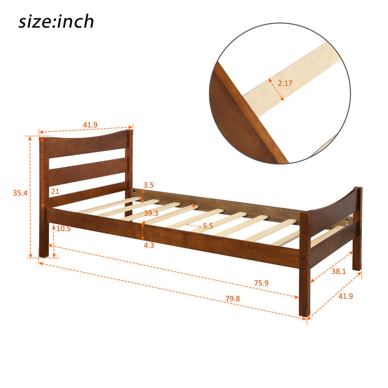 Twin Size Wood Platform Bed with Headboard and Wooden Slat Support Walnut