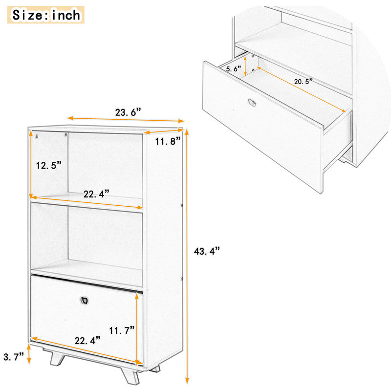 Wooden Storage Bookcase with Drawer and 2 Open Shelves Storage Cabinet Organizer Blue