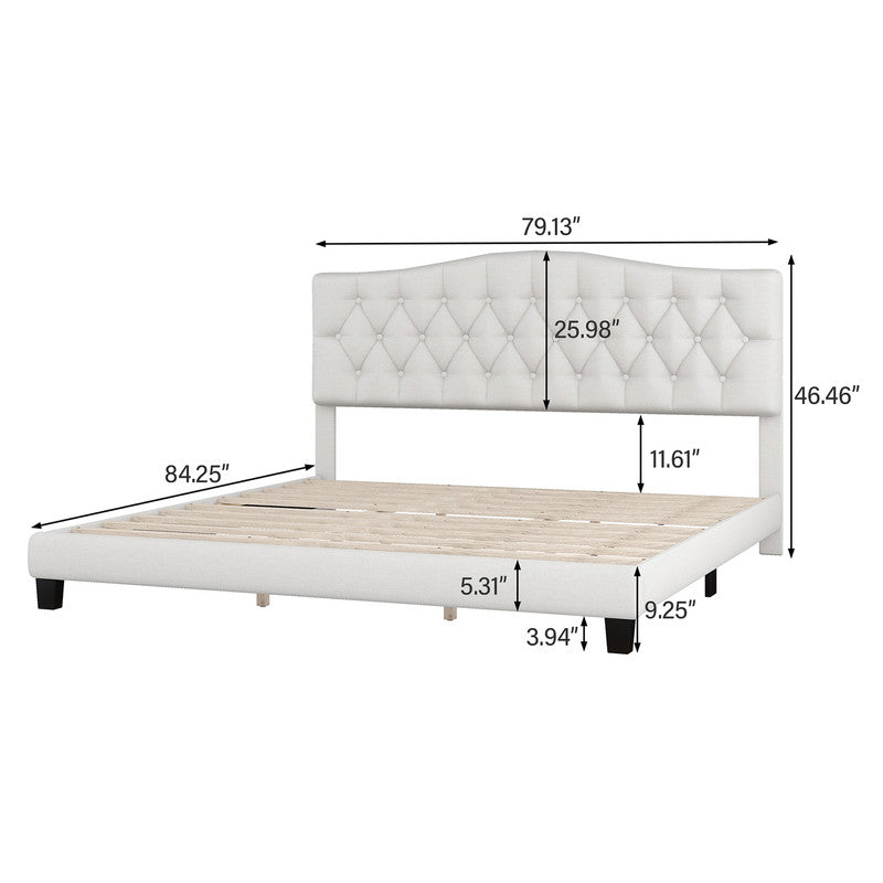 King Upholstered Curved Tufted Linen Platform Bed Frame